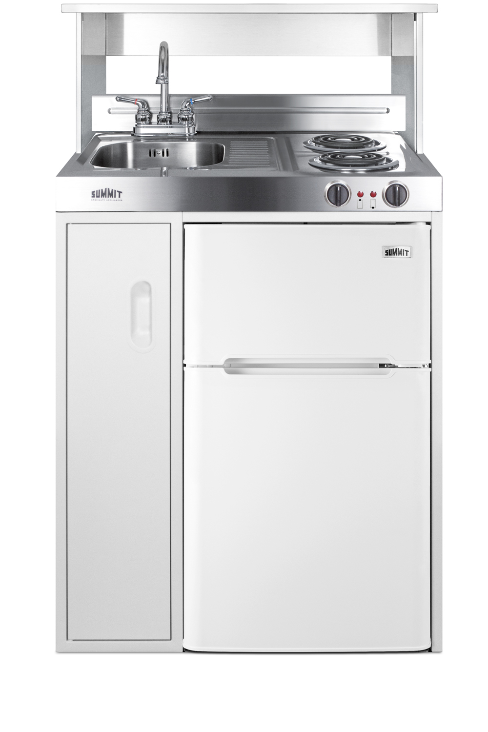 30 inch wide all-in-one kitchenette with 2-burner 115V coil cooktop, refrigerator-freezer, sink, and storage cabinet